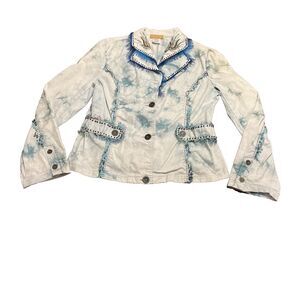 SEANDARA Tie Dye Jacket Blazer Beaded Peacock Feathers Blue Size Large Dazzling